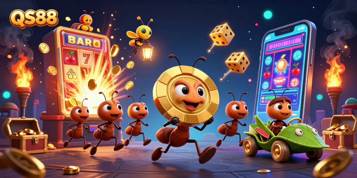 Engage with QS88's dynamic casino heist scene featuring ants, glowing jackpots, and vibrant visuals.