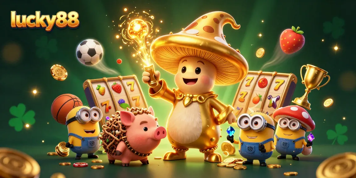 Experience lucky88 with a magical golden wizard and pig finding treasures in a vibrant casino world.