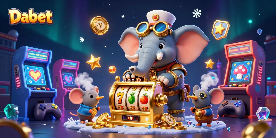 Dabet showcases a steampunk elephant winning at slots with vibrant, detailed casino elements around.