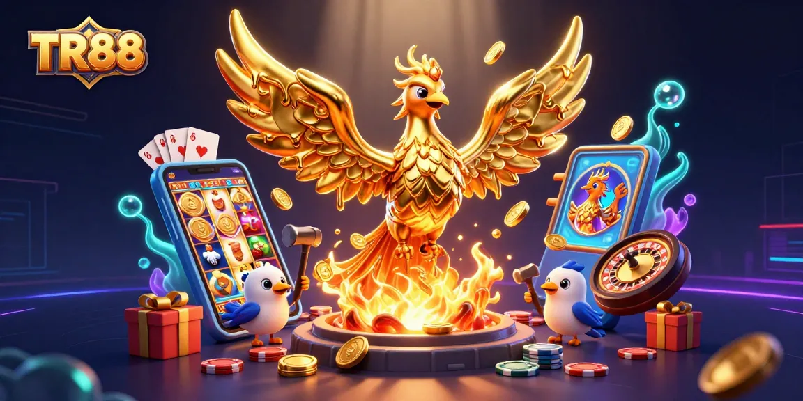 Win big at TR88 casino featuring a 3D rendered phoenix and dynamic gaming elements.