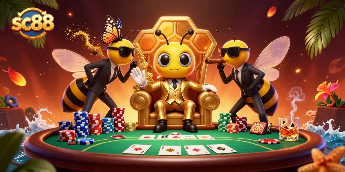 Experience the vibrant sc88 card action with 3D cartoon characters amidst chips and poker elements.