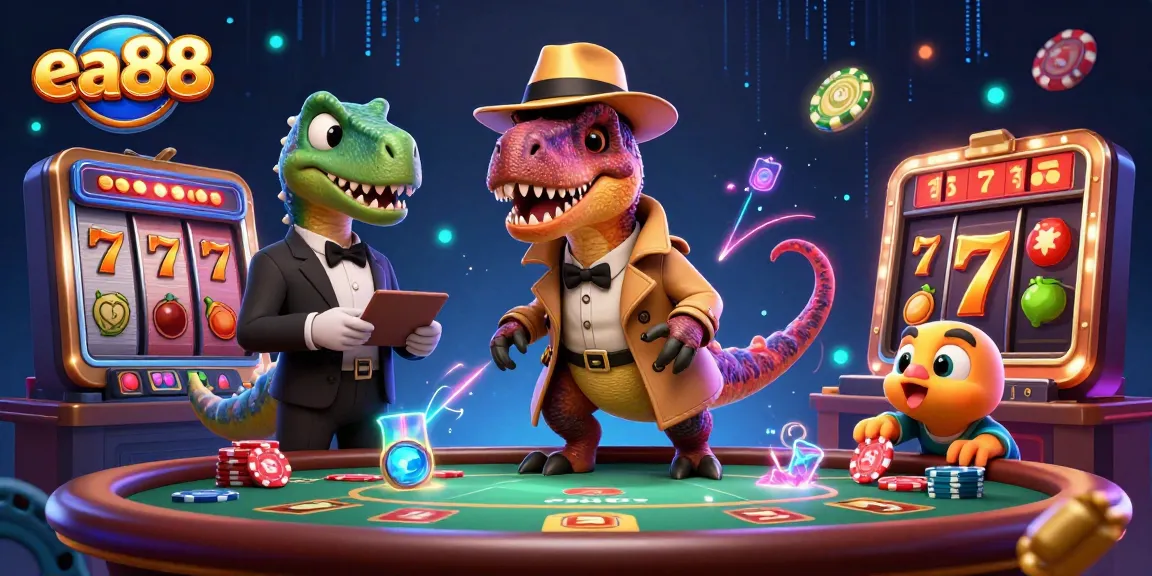 Engage with thrilling slot gaming action at ea88, featuring a velociraptor card counter and dynamic elements.