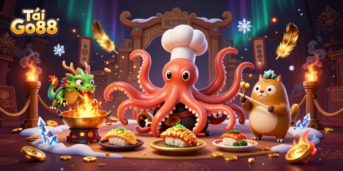 Engage with Tải Go88 through a vibrant illustration featuring a sushi chef octopus and dragon, in a packed casino scene.