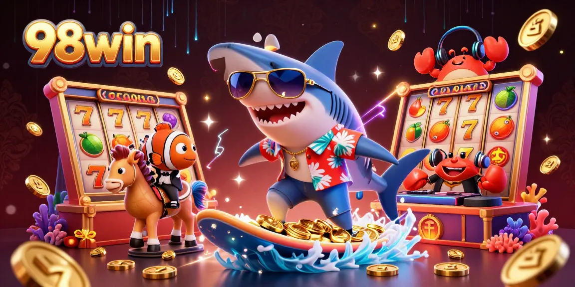 Play slots and win big with 98win in this vibrant casino scene featuring animated sea creatures.