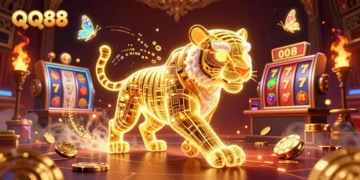 Engage in thrilling casino adventures with QQ88 and a dazzling neon tiger among spinning slots.