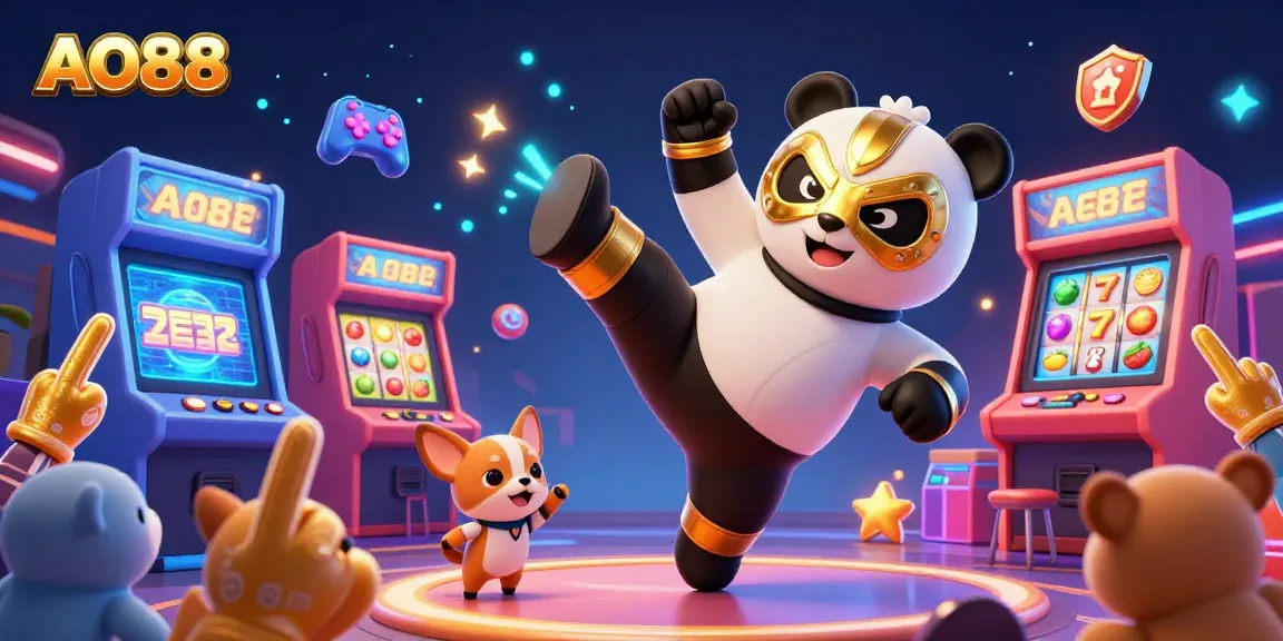Experience excitement with AO88's animated casino scene featuring a panda wrestler and vibrant arcade games.