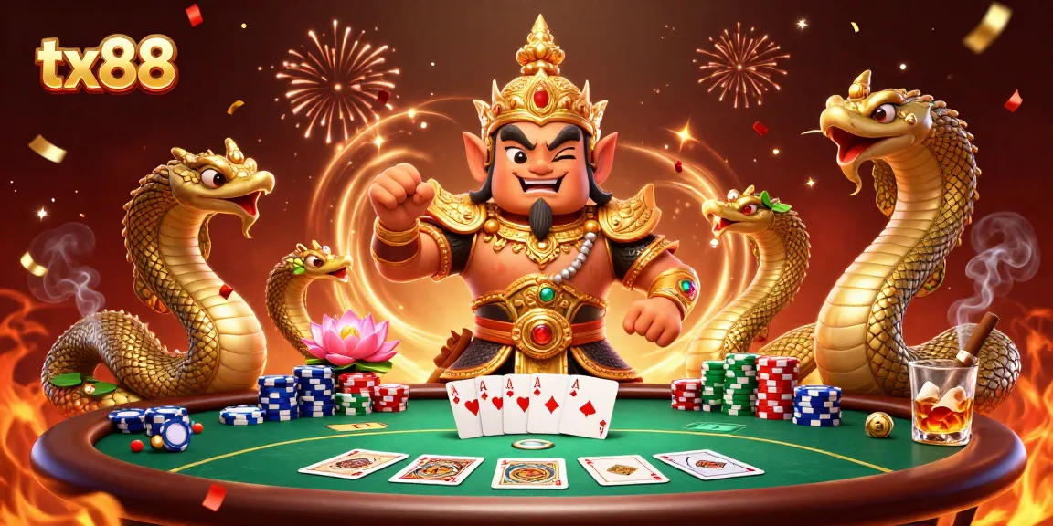 Engage with tx88 players at a vibrant poker scene, showcasing elite gameplay and luxury elements.