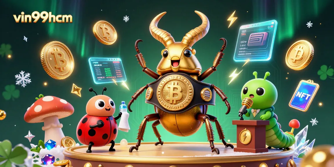 Experience the excitement at vin99hcm with vibrant casino characters and glowing cryptocurrencies.
