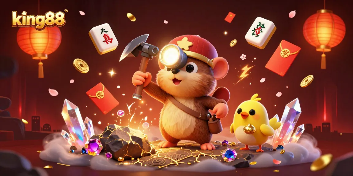 Win big with king88: a cartoon treasure hunter mole and canary in a dazzling gambling cave.