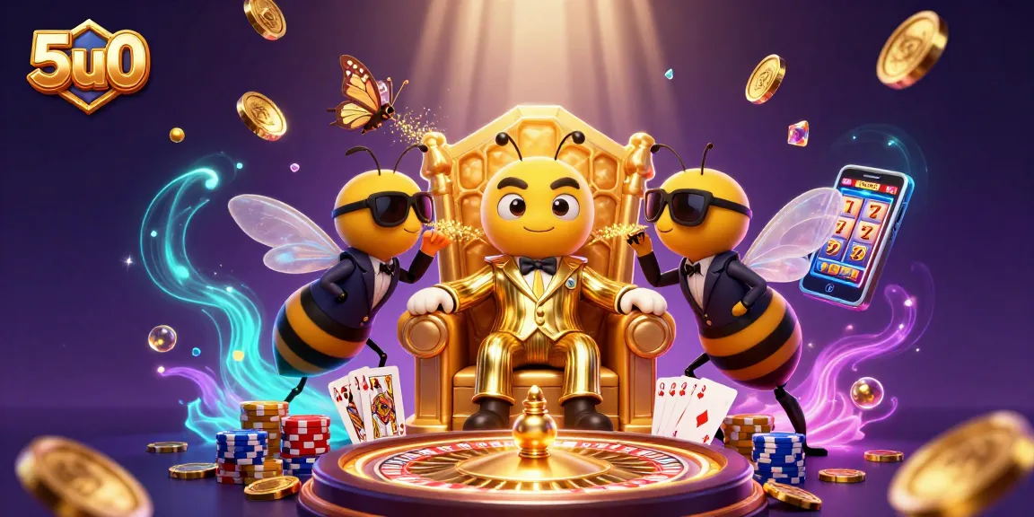 Win big with 5u0's vibrant casino scene featuring a bumblebee mob boss and games.