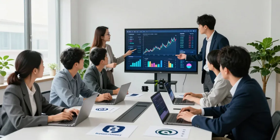 Zusammenarbeit im modernen Büro zur Implementierung eines Zahlungsgateways für den Krypto-Austausch mit Finanzanalysen und Kryptowährungslogos
