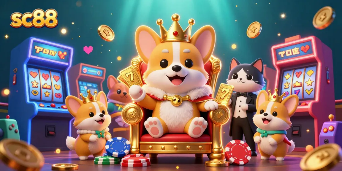 Engage in winning slots at sc88 with a royal corgi, vibrant 3D illustrations, and fortune elements.