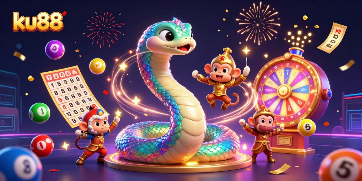 ku88 casino-themed illustration with vibrant lottery elements and a playful monkey king.