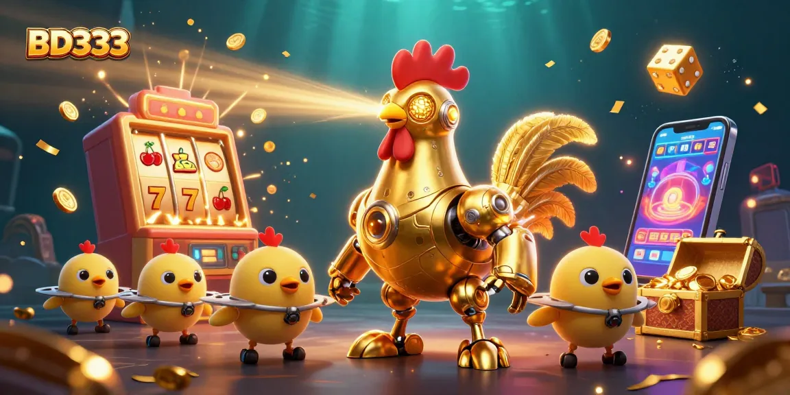 Engage with BD333's exciting 3D casino scene showcasing a golden rooster robot and vibrant game elements.