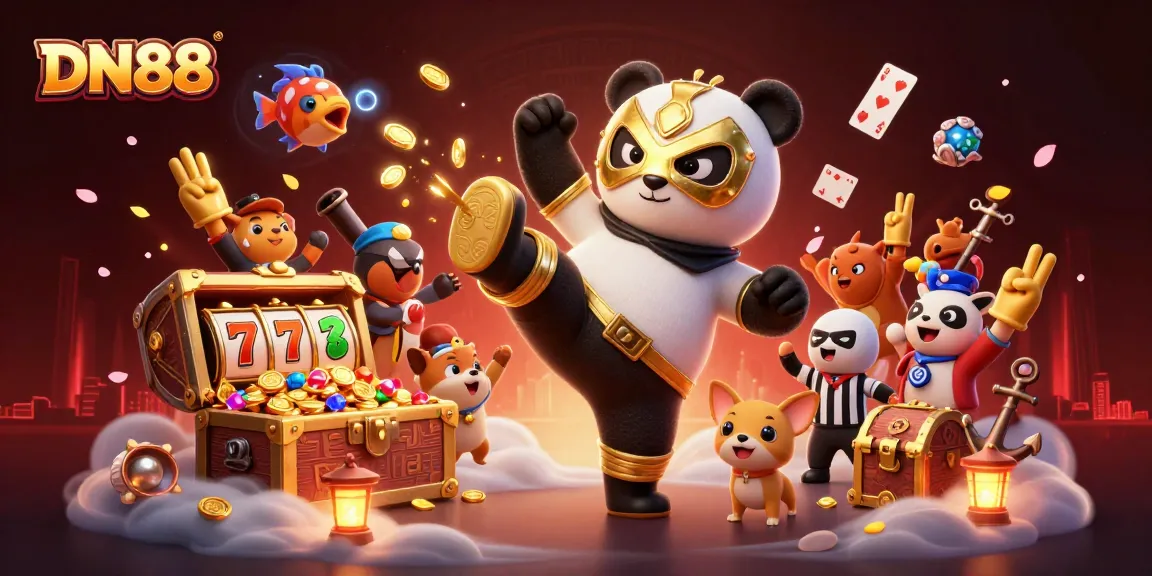 Dynamic DN88 scene with a wrestling panda and casino elements, celebrating wins and excitement.
