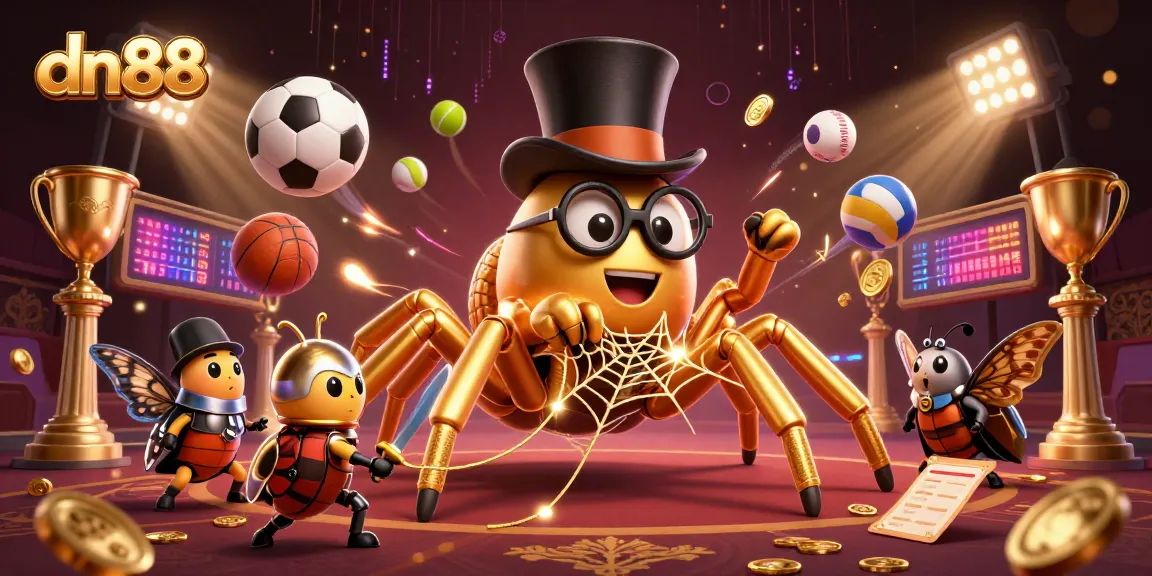 Experience dn88's thrilling atmosphere with a dynamic 3D illustration of a spider weaving gold amidst sports elements.