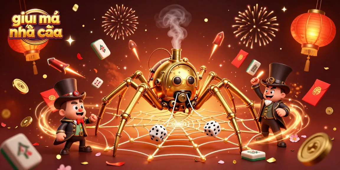 Engaging illustration showcasing giải mã nhà cái with a golden spider and dice in a vibrant casino setting.