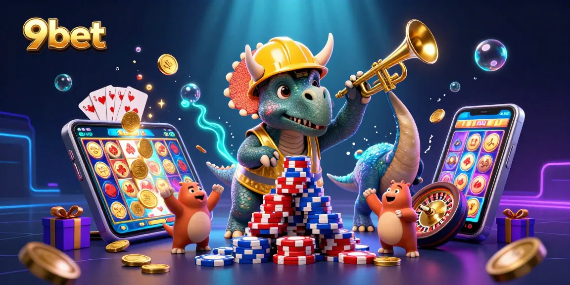 Celebrate wins with 9bet as characters build a lively poker chip pyramid in vibrant casino fun.