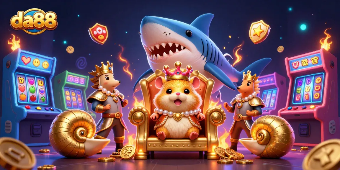 Engage with da88's colorful 3D casino world featuring a golden hamster king and arcade game treasures.