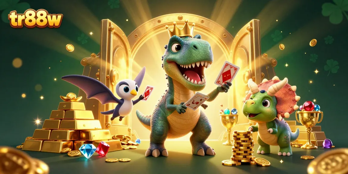 tr88w brings excitement with T-Rex shuffling cards, joyful gambling atmosphere, vibrant casino scene