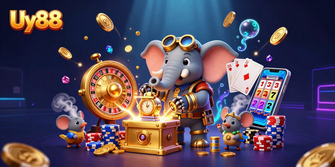 Spin the golden slot machine at Uy88 for epic jackpots in a vibrant casino scene with steampunk elements.