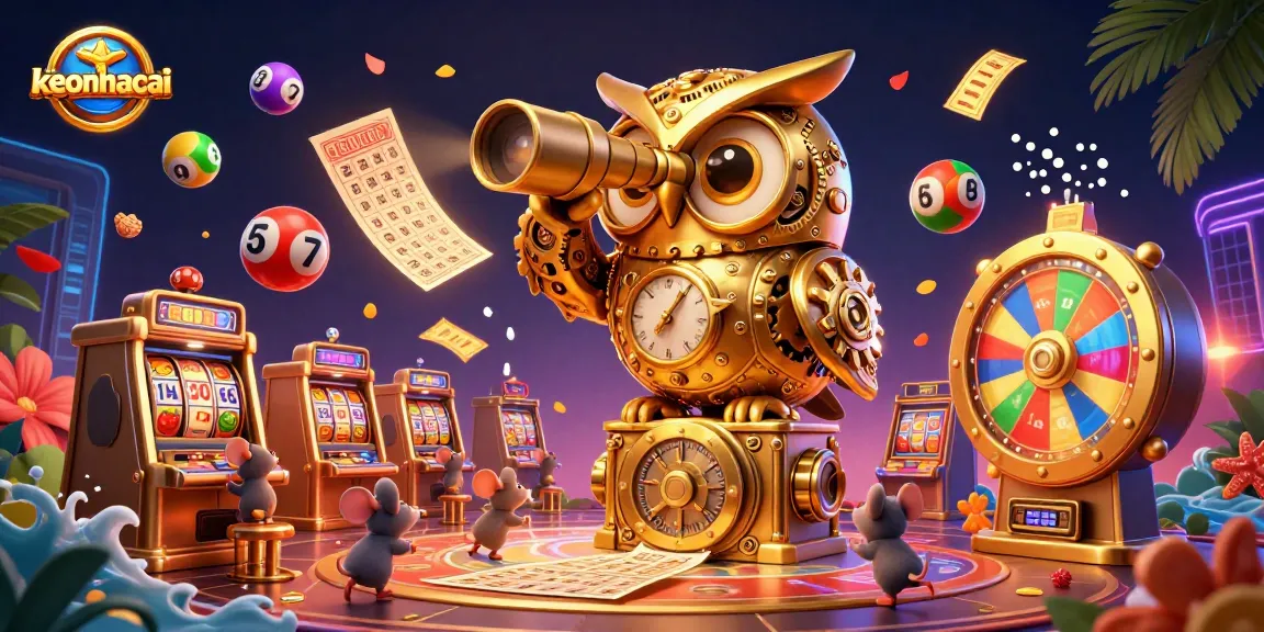Engage in exciting gambling fun with keonhacai featuring a whimsical clockwork owl surrounded by vibrant lottery elements in a dynamic casino atmosphere.