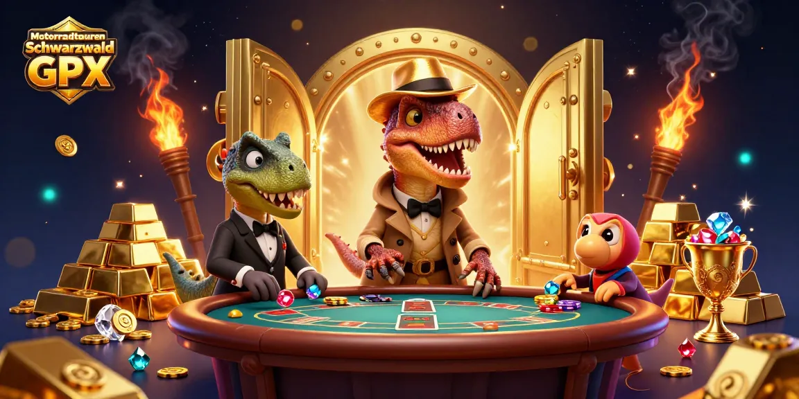 Experience exciting Motorradtouren Schwarzwald GPX with animated dinosaur gambling antics at a blackjack table.