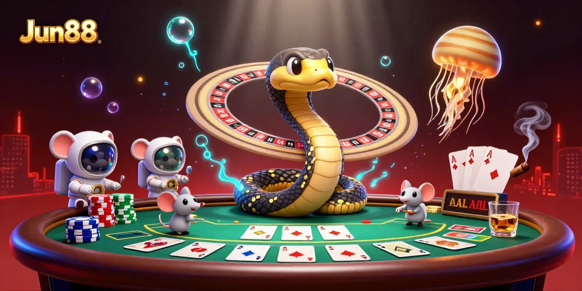 Experience the thrill of Jun88 as mice place bets on Saturn's roulette, under a cosmic dealer's watchful eye.