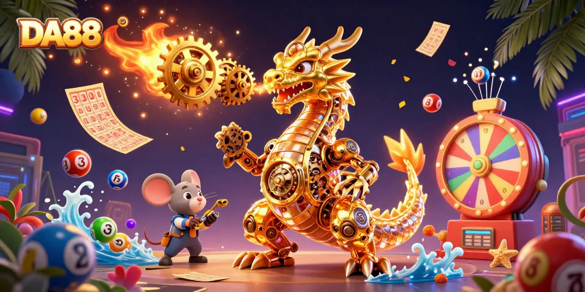 Experience casino thrills with DA88's vibrant lottery scene featuring a mechanical dragon and vivid game elements.