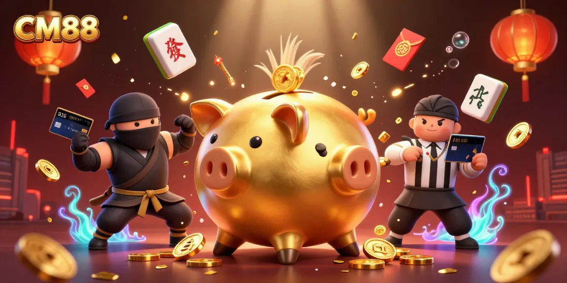 Experience exciting gaming at CM88 with a vibrant 3D casino scene featuring a golden piggy bank sumo wrestler.