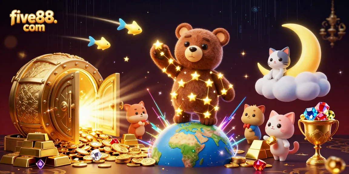 Experience exciting gaming at five88. com with a dazzling 3D casino-themed illustration capturing the thrill of winning.